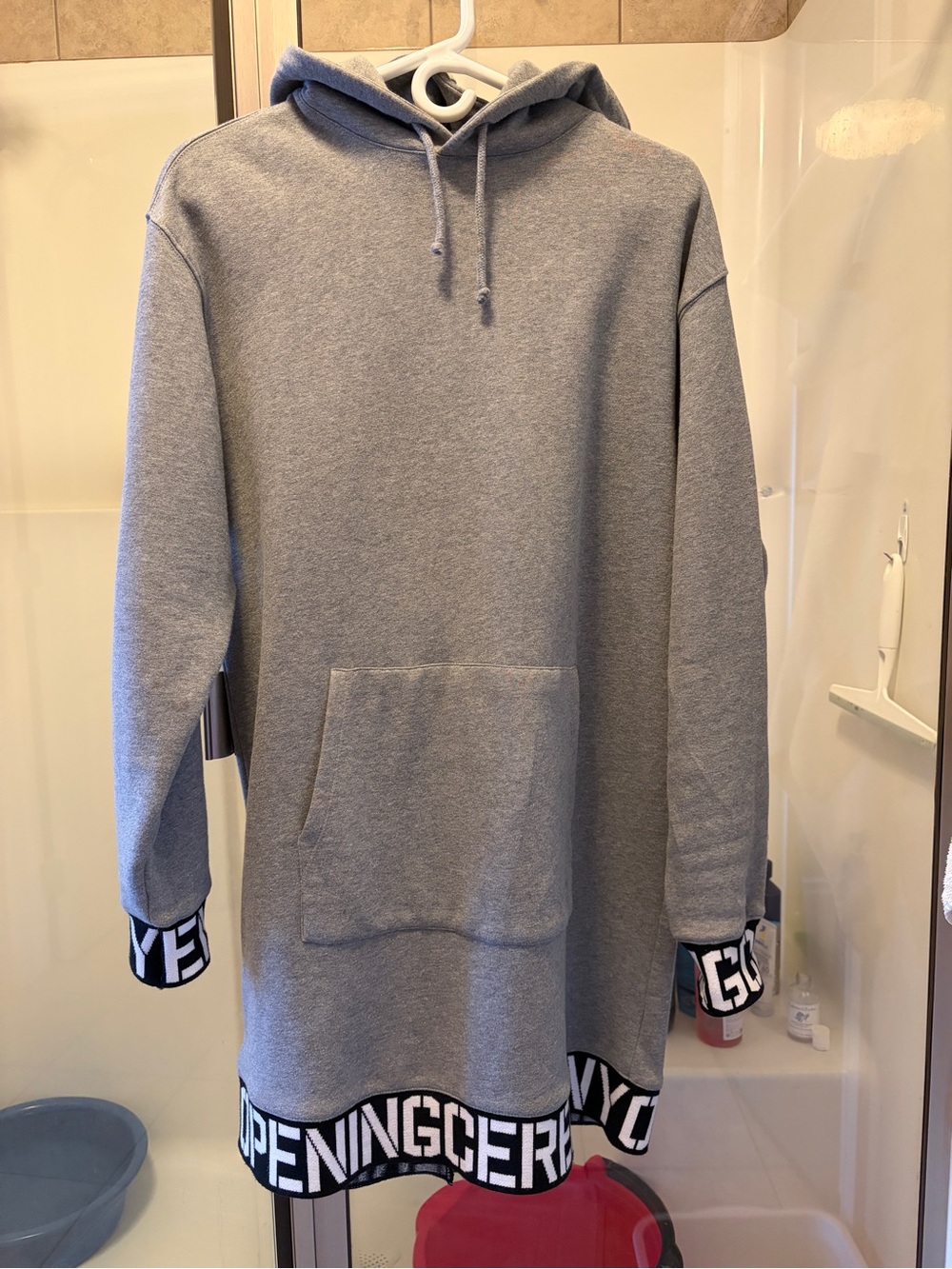 Opening Ceremony Grey Longline Hoodie with Branded Hem